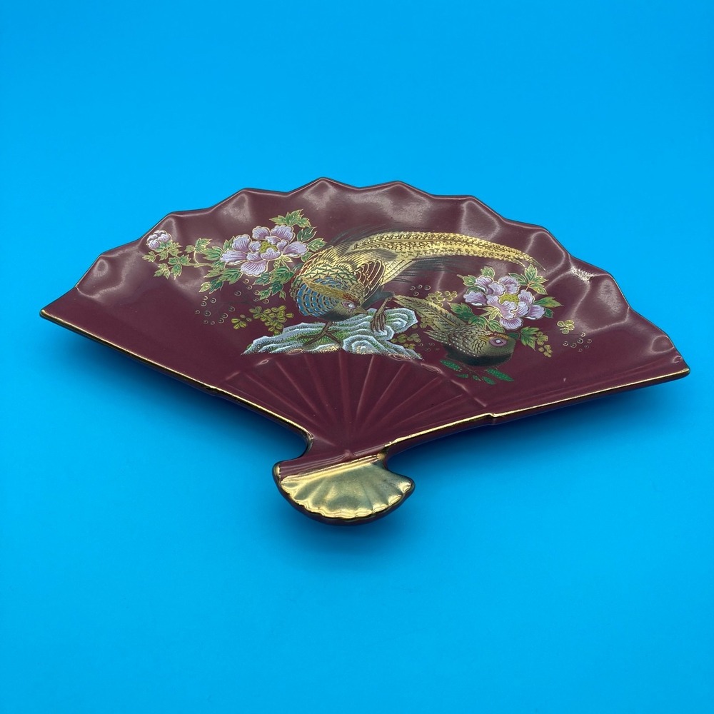 Vintage Caplano Japan Fan Trinket Dish Golden Pheasant & Peony Gold Trim